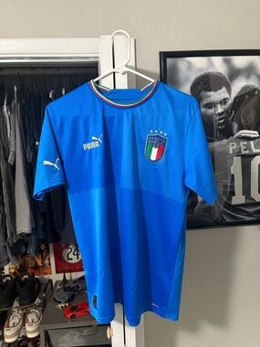 Puma Italia Blue National Team Soccer Jersey with Tricolor Trim